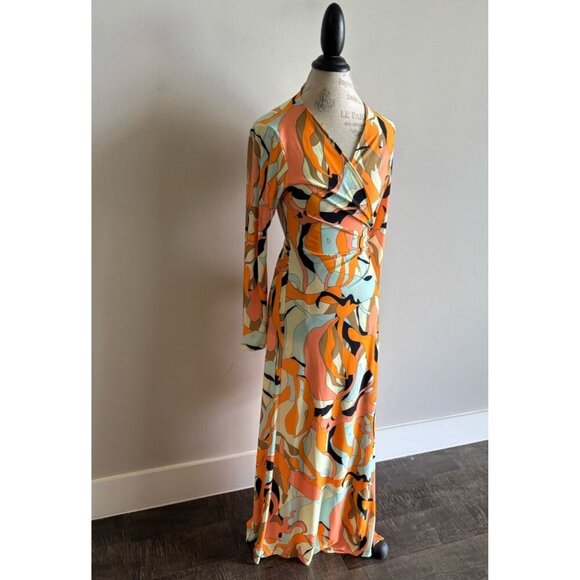Julian Chang Womens Long Sleeve Abstract Print Wrap Maxi Romper Dress Size S - Picture 2 of 11